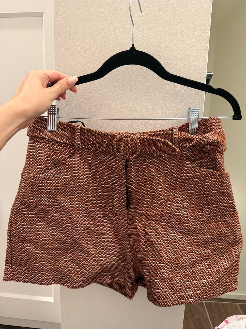 River Island Rust Textured Belted High-Waist Shorts